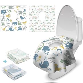 Blissful Diary 15 Pcs Toilet Seat Covers Disposable for Toddlers & Adults, Extra Large Waterproof, Portable Package for Travel, Kids Potty Training(Rainbow+Animal)