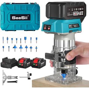 Seesii ET01 Cordless Wood Router Tool, 21V Compact Trim Router with Dual 4.0Ah Batteries for Up to 30 Mins, Brushless Motor, 6-speed Adjustable Plunge Router for DIY, Woodworking, Wood Trimming(ABS)