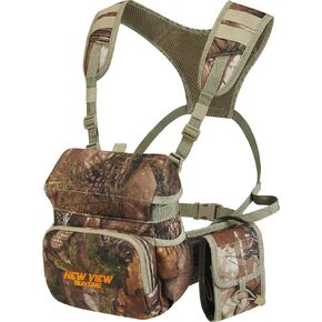 NEW VIEW Binocular Harness Chest Pack with Detachable Rangefinder Pouch, Adjustable Bino Harness & Rain Cover, Ideal for Hunting, Hiking - Camo & Quiet L