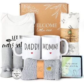 New Mom Gifts for Women, 9pcs Pregnancy Gifts for Expecting Mom, Cute Baby Gifts New Parents Gifts for Couples w/ Mom and Dad Mugs for Gender Reveal Baby Shower First Time Mom to be Gifts(Khaki)