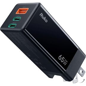 Ruko PD65W USB C Charger, 3-Port GaN Fast Wall Charger, Compact Foldable Charging Block for Drones, MacBook Pro/Air, Galaxy S24, Dell XPS 13, Note 20/10+, iPhone 16/Pro, Switch and Pixel- Black