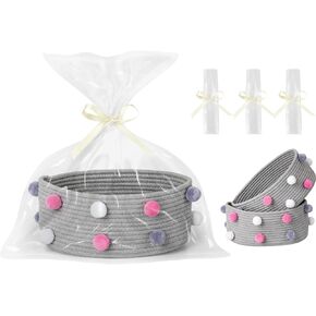 3 Pcs Woven Basket with Gift Bags and Ribbons, Cute Baby Gift Basket for Nursery, Empty Decorative Gift Chest Box Cotton Rope Room Shelf Storage Basket with Handles, 11.8"x 7.9"x 5.1" (Beige)