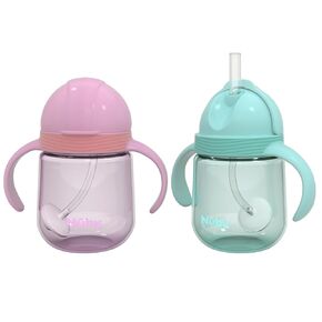 Nuby No-Spill Clik-it Silicone Straw Toddler Cup - (2 Pack) 8 oz - 360 Weighted Straw Toddler Sippy Cup for 1+ Year Old - Blue/Mint Green