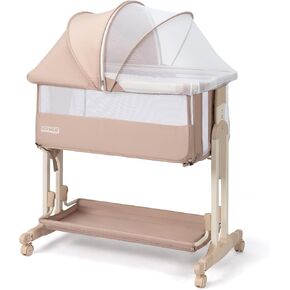 JOYMOR Baby Bassinet Bedside Sleeper, 4 in 1 Rocking Bassinet for Baby, 7 Height Adjustable, Bedside Bed with Wheels Mattress, Mosquito Net, Storage Basket for Infant
