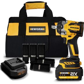 EWORK Cordless Impact Wrench 1/2 inch 21V Brushless High Torque Impact Gun Max 700 Ft-lbs Power Impact Wrenches with 4.0Ah Li-ion Battery, Fast Charger, 5 Sockets, Tool Bag (RB-810)
