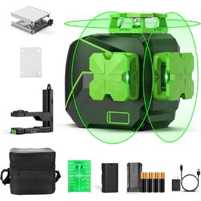 Huepar 3 x 360 Cross Line Laser Level 3D Self-leveling Three-Plane Leveling and Alignment Green Beam Laser Tool, Switchable Vertical & Horizontal Lines, Li-ion Battery & Magnetic Pivoting Base S03CG-L