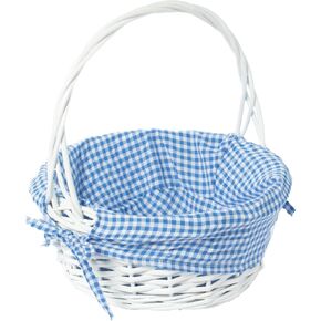 White Round Willow Gift Basket, with Pink and White Gingham Liner and Handles, Medium