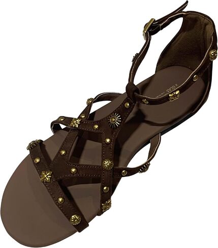 Women's Strappy Sandals with Gold Studded Details, Black, Ankle Strap Sandals with Studs and Floral Details in Saudi Arabia