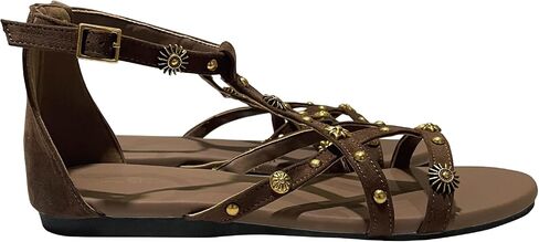 Women's Strappy Sandals with Gold Studded Details, Black, Ankle Strap Sandals with Studs and Floral Details in Saudi Arabia