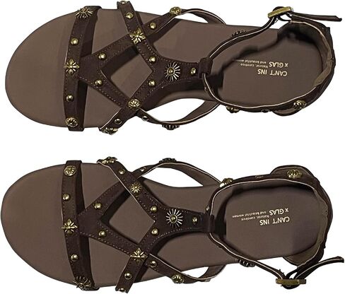 Women's Strappy Sandals with Gold Studded Details, Black, Ankle Strap Sandals with Studs and Floral Details in Saudi Arabia