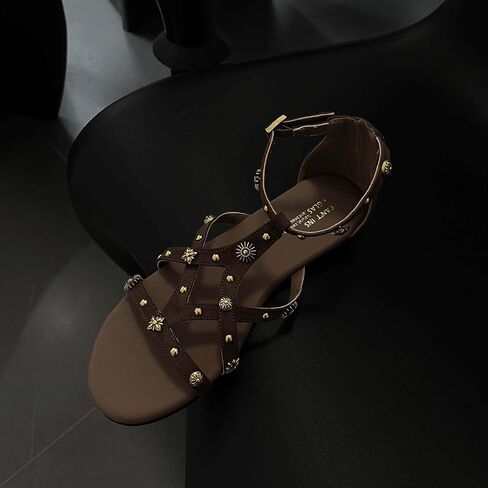 Women's Strappy Sandals with Gold Studded Details, Black, Ankle Strap Sandals with Studs and Floral Details in Saudi Arabia