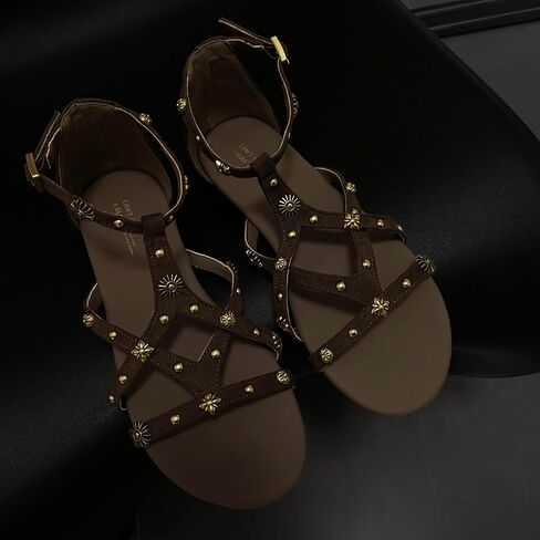 Women's Strappy Sandals with Gold Studded Details, Black, Ankle Strap Sandals with Studs and Floral Details in Saudi Arabia