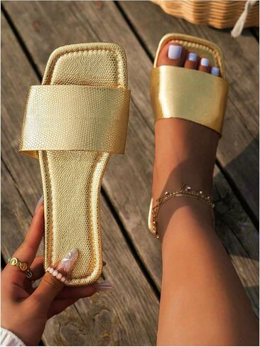 GORGLITTER Women's Gold Sandals Dressy Wedding Flats Cute Flip Flops 2026 | Gold Slides, Fancy Sandals, Boho, Summer, Vacation, Beach, Square Toe Flats, Going Out Shoes in Saudi Arabia