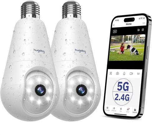 Hugolog 2K 3MP Light Light Pulb Camera 5G & 2.4GHz WiFi ، 360 ° كاميرا داخلية في الهواء الطلق للمنزل للمنزل ، والكشف عن الحركة ، والتحدث ثنائي الاتجاه ، والرؤية الليلية الملونة ، وإنذار صفارات الإنذار ، وتوافق مع Alexa in Kuwait