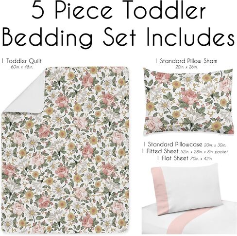 Sweet Jojo Designs Boho Wildflower Vintage Floral Girl Toddler Bedding Set 5p Bed in a Bag Comforter Blanket Pillowcase Sham Sheets Black Orange Teal Bohemian Farmhouse Botanical Paisley Cottagecore in Kuwait