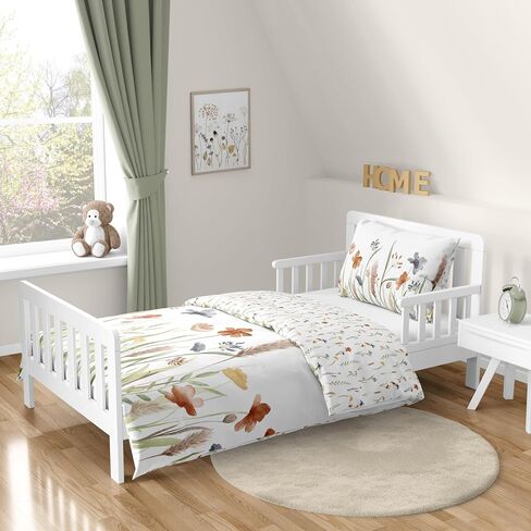 Sweet Jojo Designs Boho Wildflower Vintage Floral Girl Toddler Bedding Set 5p Bed in a Bag Comforter Blanket Pillowcase Sham Sheets Black Orange Teal Bohemian Farmhouse Botanical Paisley Cottagecore in Kuwait