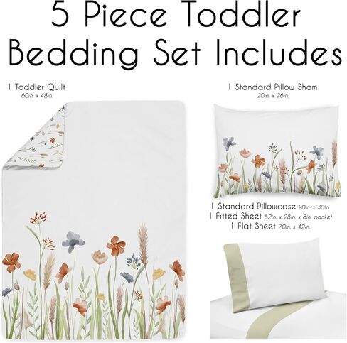 Sweet Jojo Designs Boho Wildflower Vintage Floral Girl Toddler Bedding Set 5p Bed in a Bag Comforter Blanket Pillowcase Sham Sheets Black Orange Teal Bohemian Farmhouse Botanical Paisley Cottagecore in Kuwait
