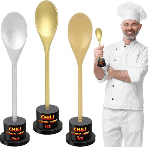 Chili Cook Off Trophies Award Set Golden Spoon Award Trophies Set Chili Cook Off Spoon Prizes with Wooden Trophy Base for 1st 2nd 3rd Prizes Baking Contest Food Competition in Saudi Arabia