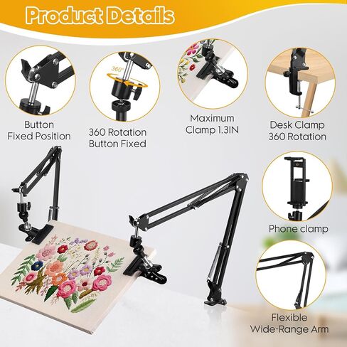 Adjustable Embroidery Hoops Stand for Hand Work,Cross Stitch Frame with 360° Rotation,Needlework Frame, Embroidery Stand Suitable for Embroidery Kit,3-in-1 Hoop/Tablet/Phone Holder Desk Stand,White in Kuwait