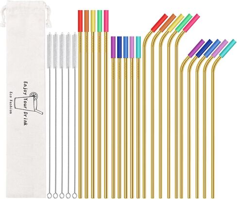 20 عبوة من شفاطات الشرب المعدنية المصنوعة من الفولاذ المقاوم للصدأ قابلة لإعادة الاستخدام، مقاس 10.5 بوصة و8.5 بوصة مع 20 طرفًا من السيليكون و5 فرش للمصاصة وحقيبة سفر واحدة، شفاطة معدنية طويلة جدًا صديقة للبيئة تناسب كوب سعة 20 24 30 أونصة in Kuwait