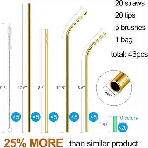 20 عبوة من شفاطات الشرب المعدنية المصنوعة من الفولاذ المقاوم للصدأ قابلة لإعادة الاستخدام، مقاس 10.5 بوصة و8.5 بوصة مع 20 طرفًا من السيليكون و5 فرش للمصاصة وحقيبة سفر واحدة، شفاطة معدنية طويلة جدًا صديقة للبيئة تناسب كوب سعة 20 24 30 أونصة in Kuwait