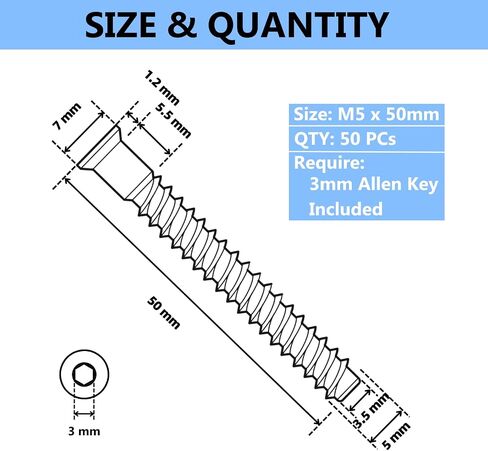 M5 x 40mm Confirmat Screws Black 50 PCs, Hex Socket Drive Countersunk Furniture Connecting Self-Tapping Screw Set Carbon Steel Zinc Plated in Saudi Arabia