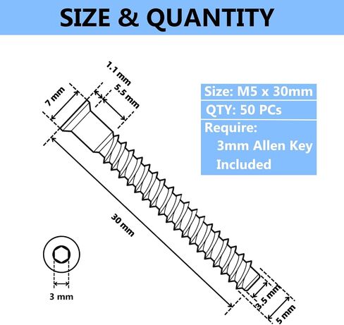 M5 x 40mm Confirmat Screws Black 50 PCs, Hex Socket Drive Countersunk Furniture Connecting Self-Tapping Screw Set Carbon Steel Zinc Plated in Saudi Arabia