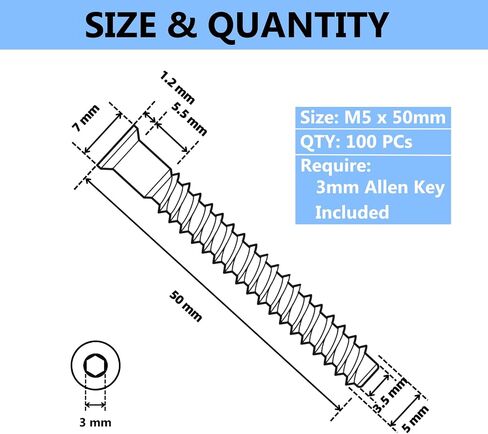 M5 x 40mm Confirmat Screws Black 50 PCs, Hex Socket Drive Countersunk Furniture Connecting Self-Tapping Screw Set Carbon Steel Zinc Plated in Saudi Arabia