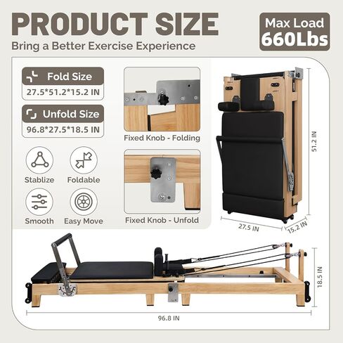 Pilates Reformer Foldable, Portable Pilates Reformer & Equipment for Home Use and Gym Workout, Pilates Reformer with Noise Reducing Roller System in Saudi Arabia