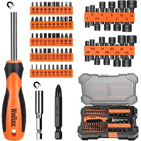 73PC Screwdriver Bit Set & Nut Driver Set, Metric and Standard, 1/4" Bit Driver Handle, Magnetic Extension Bit Holder With Storage Case
