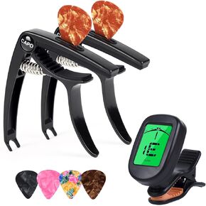 Moom guitar capo and clip-on guitar tuner, for acoustic/electric guitars, ukulele,guitar accessories complimentary 4 picks(Tuner + Rosewood/Black Capo)