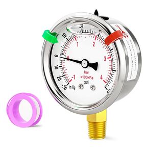 -30-0psi Stainless Steel Glycerin Liquid Filled Vacuum Pressure Gauge 1/4" NPT 2.5" Face Dial Center Back Mount, for Water, Oil and Air Pressure Testing (with Range Mark Pointer)