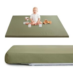 HIGOGOGO Vegan Leather Baby Play Mat, 43 x 43 High-Density Foam Cushioned & Waterproof Playpen Mat, Just Wipe-Clean Crawling Mat for Babyplay on Floor, Beige