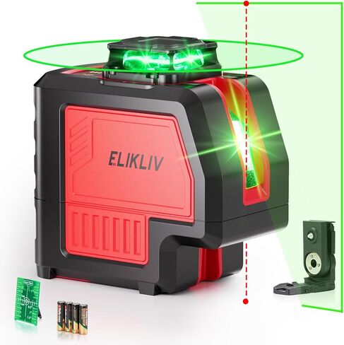 مستوى الليزر، Elikliv 4D Laser Level 360 Self Leveling، أداة خطوط مستوى الليزر الأخضر 200 قدم، ليزر خط متقاطع 4x360 درجة للبناء وتعليق الصور، مع بطاريتين قابلتين لإعادة الشحن (8 ساعات) in Kuwait