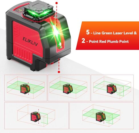 مستوى الليزر، Elikliv 4D Laser Level 360 Self Leveling، أداة خطوط مستوى الليزر الأخضر 200 قدم، ليزر خط متقاطع 4x360 درجة للبناء وتعليق الصور، مع بطاريتين قابلتين لإعادة الشحن (8 ساعات) in Kuwait