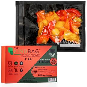 The Kind Bag Vacuum Seal Bags for Food; Food Grade, BPA Free & Freezer Safe; Airtight, Odor Free and Moisture Free; Commercial Grade 3mil Clear & Black; 8x12 inch Pre Cut Bags (100ct)