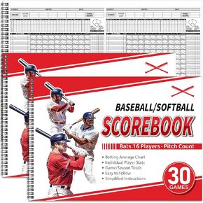 2 Pcs Side by Side Baseball Scorebook 11.5 x 16 30 Game Softball Scorebook Score Keeping Book Baseball Stats Book, Individual Player Stats, Batting Average Chart for Score Keeper Coaches
