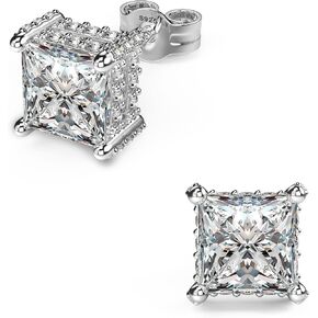 18K White Gold Plated Sterling Silver Pave Square Cubic Zirconia Stud Earrings 4 Prong Princess Cut CZ Simulated Diamond Stud Earrings for Men Women Hypoallergenic