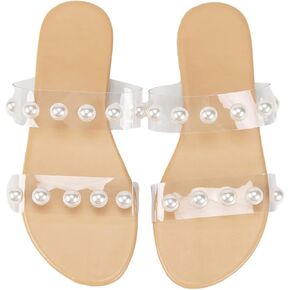 Verdusa Women's Transparent Strap Pearl Sandals Summer Slippers Open Toe Flat Slides Sandals
