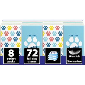 Funwares White Facial Travel Tissue Packs, Non-Bleach, Chlorine-Free, Compact Pocket Tissues for Car, Purse, School, Work, On-the-Go Tissue Packs, Dog Paw Design, 24 Packs, 216 Tissues, 3-Ply Sheets