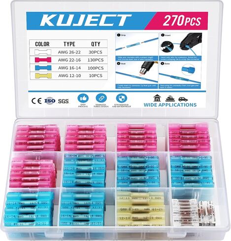 Kuject 130 قطعة من موصلات المؤخرة المنكمشة بالحرارة، 4 مقاسات مجموعة موصلات الأسلاك المعزولة المقاومة للماء، موصلات تجعيد كهربائية نحاسية معلب لمفصل ستيريو لشاحنة القوارب البحرية للسيارات in Kuwait