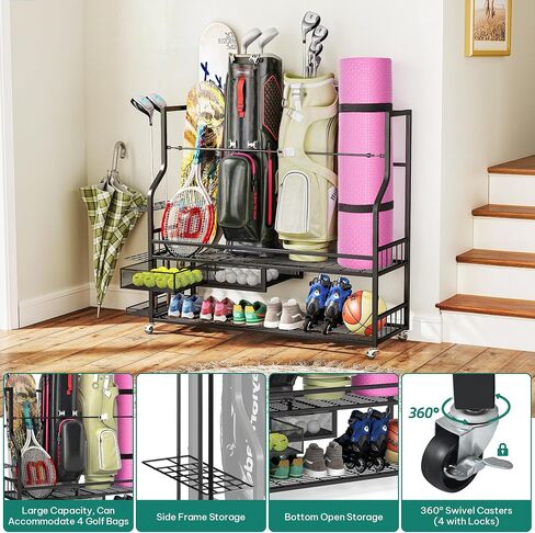 YITAHOME Golf Bag Organizer for Garage, 3 Golf Bag Storage Stand with Casters, Garage Sports Organizer for Golf Bags Clubs Balls in Saudi Arabia