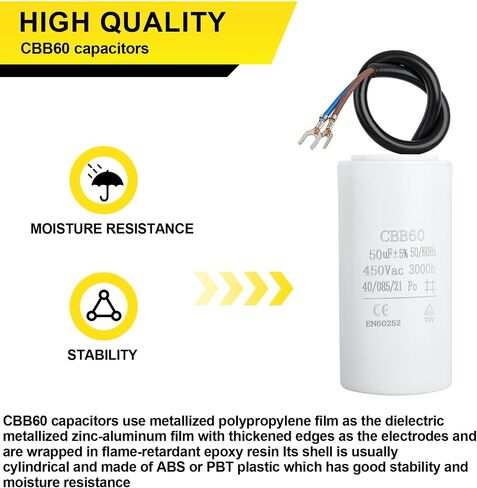 CBB60 40UF MFD Motor Run Capacitor 450VAC Volts Round Cylinder with 2 Wires, Metallized Polypropylene Film Capacitor for Motor Run, Air Conditioners, Washing Machines, Fan and Water Pumps in Saudi Arabia