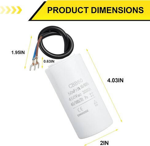 CBB60 40UF MFD Motor Run Capacitor 450VAC Volts Round Cylinder with 2 Wires, Metallized Polypropylene Film Capacitor for Motor Run, Air Conditioners, Washing Machines, Fan and Water Pumps in Saudi Arabia