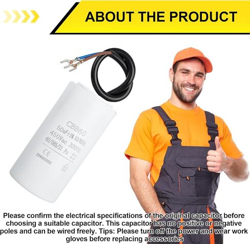 CBB60 40UF MFD Motor Run Capacitor 450VAC Volts Round Cylinder with 2 Wires, Metallized Polypropylene Film Capacitor for Motor Run, Air Conditioners, Washing Machines, Fan and Water Pumps in Saudi Arabia