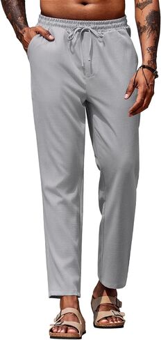 COOFANDY Mens Casual Pants Lightweight Drawstring Beach Pants Elastic Waist Linen Cropped Pants in Saudi Arabia