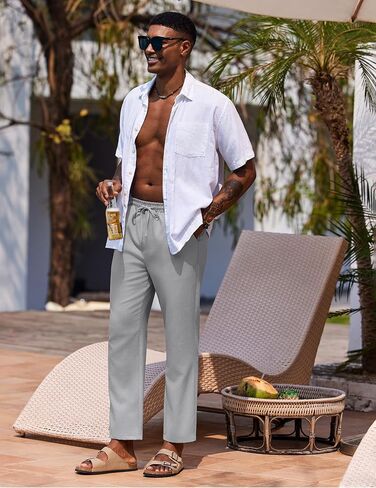 COOFANDY Mens Casual Pants Lightweight Drawstring Beach Pants Elastic Waist Linen Cropped Pants in Saudi Arabia