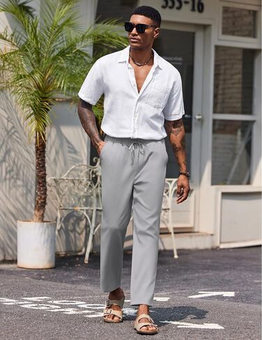 COOFANDY Mens Casual Pants Lightweight Drawstring Beach Pants Elastic Waist Linen Cropped Pants in Saudi Arabia