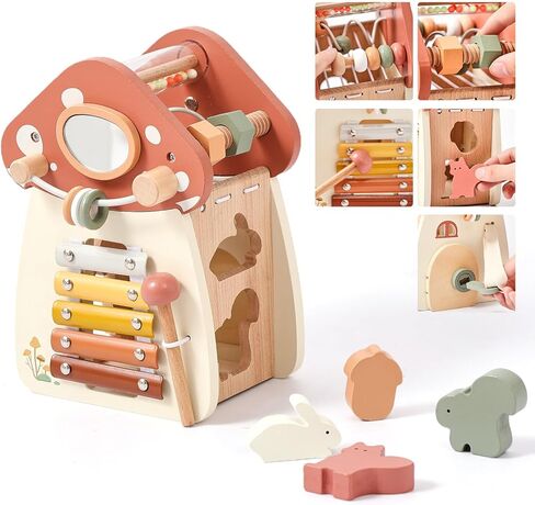 Youuys Wooden Activity Cube 5-in-1 Montessori Bavor Board Toys متعددة الأغراض ألعاب التعلم التعليمية التعليمية للأطفال الصغار مع المرآة ، هدية عيد ميلاد فتاة شخصية in Kuwait