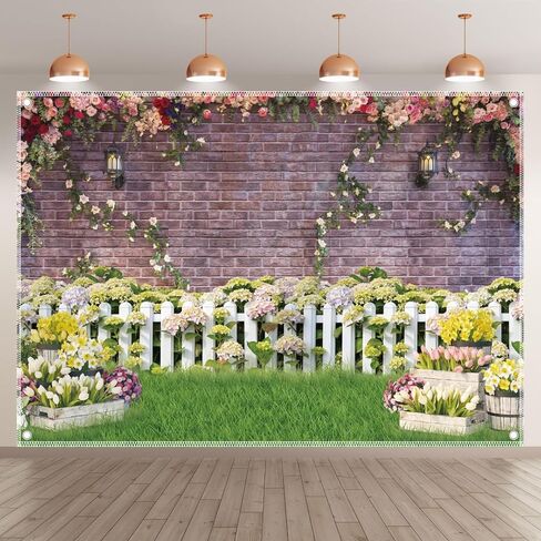 7x5ft Fabric Easter Spring Garden Photography Backdrop Flower Fence Rose Pink Brick Wall Background Floral Kids Newborn Baby Portrait Photo Booth Props in Saudi Arabia